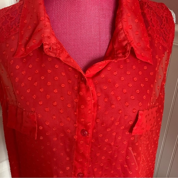 Orange/Red Sleeveless Pont d’Esprit Chiffon and Lace Button Down, size 2X - Picture 2 of 7